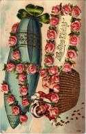 T2/T3 Boldog új évet! / New Year Greeting Art Postcard With Airship, Emb. Floral Golden Decoration, Litho (EK) - Unclassified