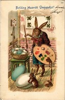 T2 1904 Boldog Húsvéti Ünnepeket / Easter Greeting Art Postcard, Rabbit Painting Eggs. Emb. Golden Decoration Litho - Non Classés