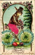 T2/T3 Boldog Húsvéti ünnepeket! / Easter Greeting Art Postcard With Rabbit On Bicycle, Emb. Floral Golden Decoration, Li - Unclassified