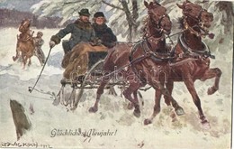 T2 Glückliches Neujahr! / New Year Greeting Card, Sleigh, Winter. B. K. W. I. 739-1. S: Ludwig Koch - Non Classificati