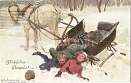 T2/T3 Glückliches Neujahr! / New Year Greeting Card, Sleigh, Humor, Accident, Winter. B. K. W. I. 739-2. S: Ludwig Koch  - Zonder Classificatie