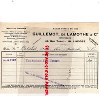 87-LIMOGES- FACTURE IMPRIMERIE GUILLEMOT & DE LAMOTHE-S.A. JOURNAUX PUBLICATIONS DU CENTRE-18 RUE TURGOT-1922 - Stamperia & Cartoleria