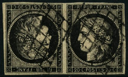 Oblit. N°3d 20c Noir S/jaune, Paire Tête-bèche, Oblitération Légère, Certificat Pigeron RARE - TB - 1849-1850 Ceres