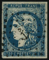 Oblit. N°44A 20c Bleu, Type I R1 Obl Ancre, Pli En Diagonale  - TB - 1870 Emissione Di Bordeaux