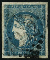 Oblit. N°44B 20c Bleu, Type I , R2 Infime Pelurage Au Verso - B - 1870 Emission De Bordeaux