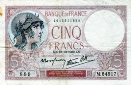 BILLET DE 5 FRANCS Violet Type 1917 Le 19-10-1939 En TTB - - 5 F 1917-1940 ''Violet''