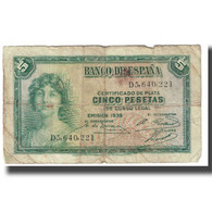 Billet, Espagne, 5 Pesetas, 1935, KM:85a, AB+ - 5 Pesetas