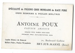 BRY SUR MARNE (94) Colombophilie Carte De Visite Spécialité De Pigeons Antoine Poux éleveur - Bry Sur Marne
