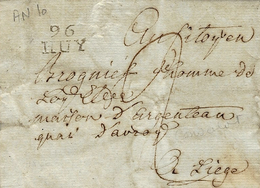 An 10 - Lettre De 96 / HUY ( L'Ourthe ) 16 Mm Noir -chiffres Espacés 2 Mm Taxe 2 D Pour Liège - 1794-1814 (Période Française)