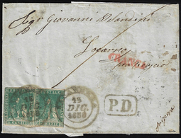 1858 - 4 Crazie Verde, II Emissione (14), Coppia, Intaccata A Destra, Su Sovracoperta Di Lettera Da ... - Toscane