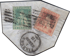 1860 - 1 Crazia Carminio, 2 Crazie Verde Grigio Giallastro, Entrambi II Emissione (12/13), Lievi Dif... - Toscana