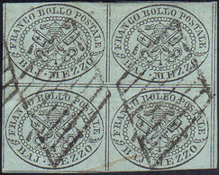 1852 - 1/2 Baj Grigio Azzurro (1a), Blocco Di Quattro, Usato, Perfetto. Bello! Emilio Ed A.Diena. Ex... - Kirchenstaaten