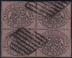 1864 - 1/2 Baj Violetto Cupo (1Ab), Blocco Di Quattro, Usato, Perfetto. Splendido E Raro! Emilio Ed ... - Papal States