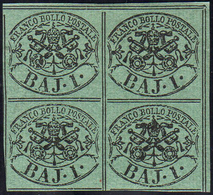 1858 - 1 Baj Verde Scuro, I Composizione (2A), Blocco Di Quattro, Gomma Originale, Integra Per Due E... - Kirchenstaaten