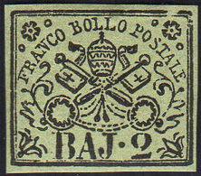 1852 - 2 Baj Verde Oliva (3), Varietà Di Clichè, Gomma Originale, Perfetto. A.Diena. Ex Coll. Andreo... - Kirchenstaaten