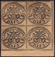 1852 - 3 Baj Camoscio (4c), Blocco Di Quattro, Angolo Di Foglio, Gomma Originale, Integra Per Due Es... - Kirchenstaaten