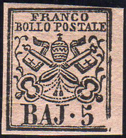 1852 - 5 Baj Rosa Carminio (6A), Bella Varietà Di Clichè, Gomma Originale, Perfetto. Ex Coll. Andreo... - Stato Pontificio