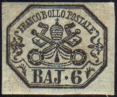 1852 - 6 Baj Grigio Verdastro (7), Gomma Originale, Perfetto. A.Diena. Ex Coll. Andreotti.... - Stato Pontificio