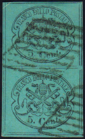 1867 - 5 Cent. Azzurro Verdasto (16), Coppia Verticale Con L'esemplare Inferiore Otto Filetti, Usata... - Kerkelijke Staten