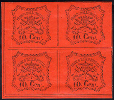 1867 - 10 Cent. Vermiglio Arancio (17), Blocco Di Quattro, Gomma Orginale, Perfetto. Splendido E Rar... - Kerkelijke Staten