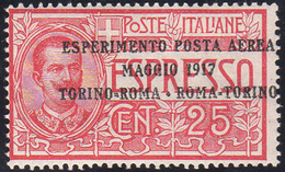 1917 - 25 Cent. Volo Torino-Roma, Soprastampa Fortemente Spostata A Destra (1a), Gomma Integra, Perf... - Non Classificati