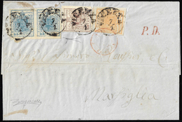 1855 - 5 Cent. Giallo Ocra, 30 Cent. Bruno Lillaceo, II Tipo, 45 Cent. Azzurro Ardesia, I Tipo, Copp... - Lombardije-Venetië