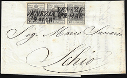 1852 - 10 Cent. Nero, Carta A Mano (2), Striscia Di Tre, Perfetta, Su Lettera Da Venezia 9/3/1852 A ... - Lombardy-Venetia