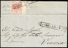 1850 - 15 Cent. Rosso, I Tiratura, (3a), Bordo Di Foglio, Al Verso Di Lettera Da Padova 13/8/1850 A ... - Lombardo-Venetien