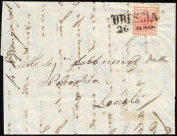 1851 - 15 Cent. Rosso Vermiglio, Carta A Coste Verticali, II Tipo (15), Perfetto, Su Lettera Da Bres... - Lombardy-Venetia