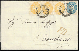 1865 - 2 Soldi Giallo, Dent. 14, Tre Esemplari, 10 Soldi Azzurro, Dent. 9 1/2 (36,44), Perfetti, Su ... - Lombardo-Venetien