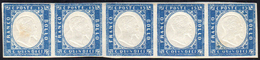 1863 - 15 Cent. Cobalto Latteo Tipo Sardegna (11c), Striscia Di Cinque, Gomma Integra, Perfetti. Cer... - Altri & Non Classificati