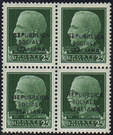 1944 - 25 Cent. Soprastampato, Falso Per Posta (F491), Blocco Di Quattro, Gomma Integra, Perfetto. N... - Other & Unclassified