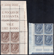 1954 - 100 E 200 Lire Turrita, Filigrana Ruota (747/748), Blocchi Di Quattro, Ottima Centratura, Gom... - Sonstige & Ohne Zuordnung