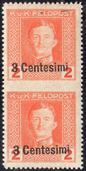 OCC. AUSTRIACA FRIULI 1918 - 3 Cent. Su 2 H., Coppia Verticale Non Dentellata Al Centro (2d), Gomma ... - Altri & Non Classificati