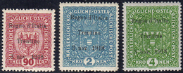 TRENTINO ALTO ADIGE 1918 - 90 H. Lilla Rosso, 2 K. Azzurro E 4 K. Verde Scuro, Soprastampati (14,16,... - Other & Unclassified