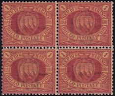 1892 - 1 Lira Carminio Su Giallo (20), Blocco Di Quattro, Discreta Centratura, Gomma Integra, Perfet... - Other & Unclassified