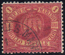 1892 - 1 Lira Carminio Su Giallo Stemma (20), Usato, Perfetto. Cert. A. Ed E.Diena.... - Andere & Zonder Classificatie