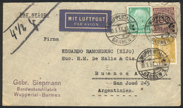 GERMANY: Airmail Cover Sent From Wuppertal To Buenos Aires On 30/MAR/1933 Franked With 1.85Mk. By Air France, With Trans - Prefilatelia