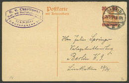 GERMANY - DANZIG: Overprinted Postal Card Of 30Pf. Sent To Berlin On 1/FE/1921, VF Quality! - Altri & Non Classificati