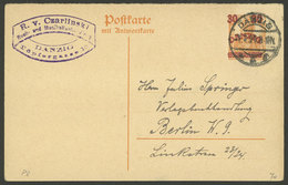 GERMANY - DANZIG: Overprinted Postal Card Of 30Pf. Sent To Berlin On 1/FE/1921, VF Quality! - Andere & Zonder Classificatie