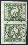 ARGENTINA: GJ.16, 4R. Worn Impression, Dark Green, Handsome Vertical Pair On Small Fragment, Cancelled Buenos Aires 21/J - Buenos Aires (1858-1864)