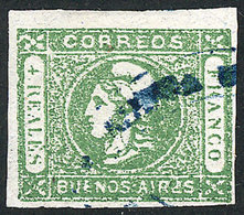 ARGENTINA: GJ.16, 4R. Green, Worn Impression, With Double Ogive SAN NICOLÁS Cancel In Blue, Very Rare, Example Of 4 Comp - Buenos Aires (1858-1864)