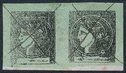 ARGENTINA: GJ.4, Yellow Green, PAIR Of Wide Margins, Pen Cancelled On Fragment, Superb! - Corrientes (1856-1880)