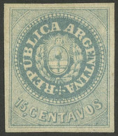 ARGENTINA: GJ.9, 15c. Greenish Blue, With 4 Complete And Wide Margins, Very Good Color, Handsome Example! - Unused Stamps