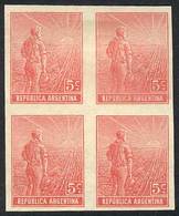 ARGENTINA: GJ.323p, 1911 5c. Plowman With Sun Watermark, IMPERFORATE BLOCK OF 4, Superb, Extremely Rare (only Known With - Autres & Non Classés