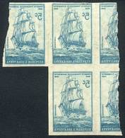 ARGENTINA: GJ.822P, 1939 Frigate Presidente Sarmiento, Irregular Block Of 3 IMPERFORATE Stamps Printed In Negative On Gu - Otros & Sin Clasificación