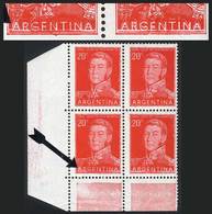 ARGENTINA: GJ.1034, Corner Block Of 4 With Extremely Rare PARTIAL DOUBLE IMPRESSION In "ARGENTINA" In The Bottom Stamps, - Otros & Sin Clasificación