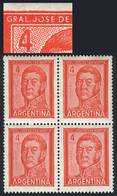 ARGENTINA: GJ.1139, 1959/64 4P. San Martín, Block Of 4 With RETOUCH In The Dotted Background, Near The Face Value Figure - Altri & Non Classificati