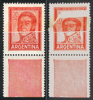 ARGENTINA: GJ.1310, 20P. San Martín With END-OF-ROLL JOINT PAPER Variety, The Paper Is Overlapping In Such A Way That Du - Altri & Non Classificati