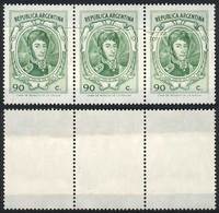 ARGENTINA: GJ.1534, 1970/3 90c. San Martín, Strip Of 3 With PAPER OVERLAP Variety, VF! - Other & Unclassified